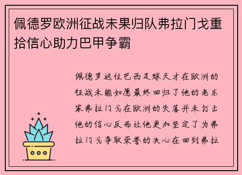 佩德罗欧洲征战未果归队弗拉门戈重拾信心助力巴甲争霸 佩德罗欧洲征战未果归队弗拉门戈重拾信心助力巴甲争霸